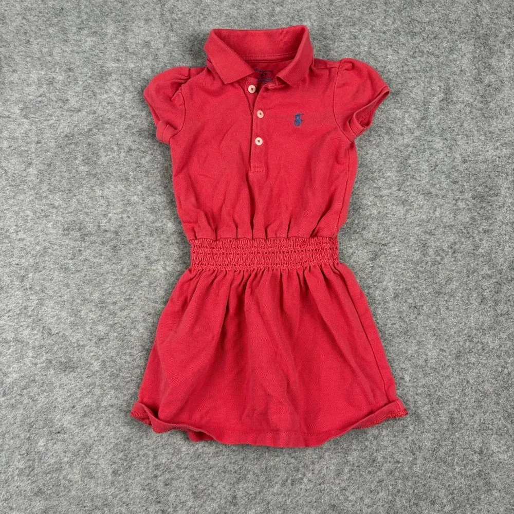 Ralph Lauren Polo Dress Girls 12 Months Red Short Sleeve Smocked Waist Logo